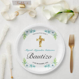 Boys Elegant Blue Floral Bautizo Pappteller