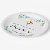 Boys Elegant Blue Floral Bautizo Pappteller (Schrägansicht)