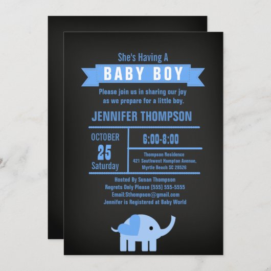 Boys Elephant Baby Duschkabine Einladung (Vorne/Hinten)