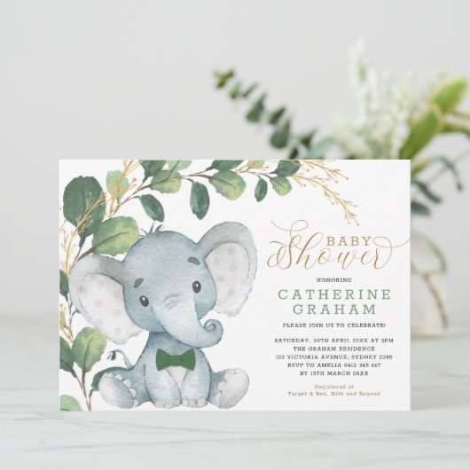 Boys Elephant Greenerenery Gold Garden Baby Dusche Einladung (Stehend Vorderseite)
