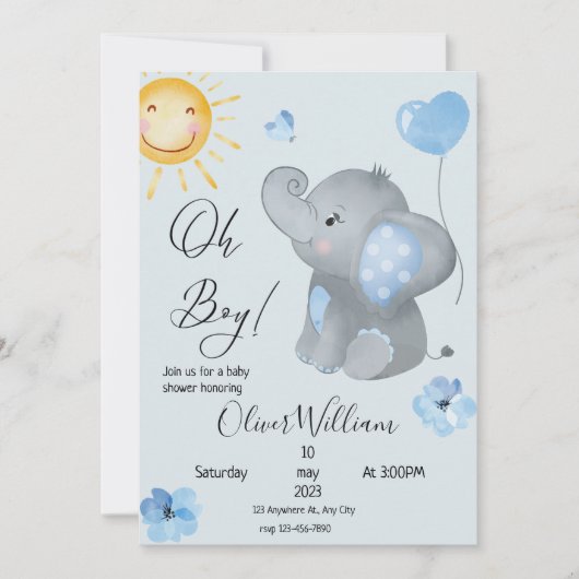 Boys Elephant Watercolor Babydusche Einladung (Vorderseite)