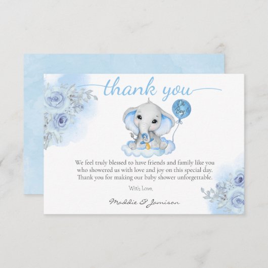 Boys Elephant Watercolor Floral Baby Dusche Dankeskarte (Vorne/Hinten)