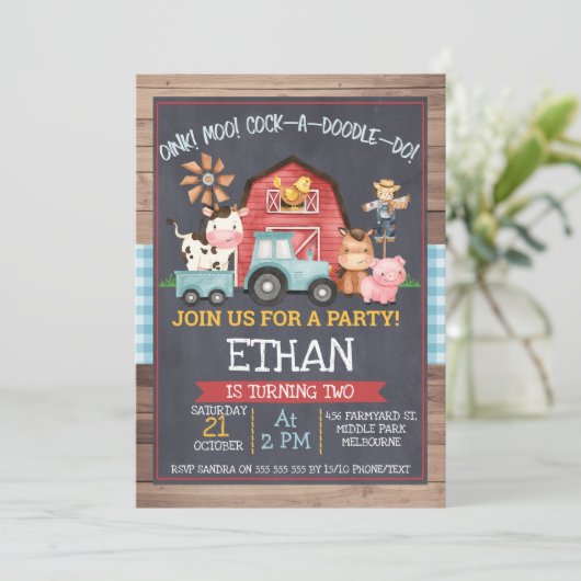 Boys farm Animals Chalkboard Geburtstag Einladung (Stehend Vorderseite)