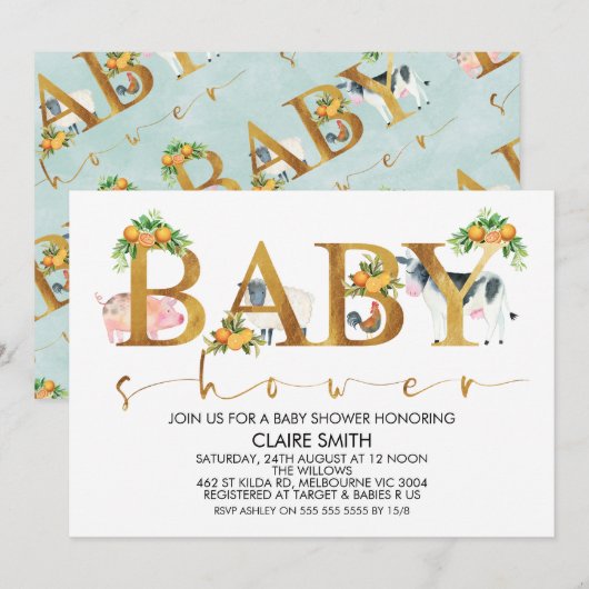 Boys Farm Animals Word Baby Shower Einladung (Vorne/Hinten)