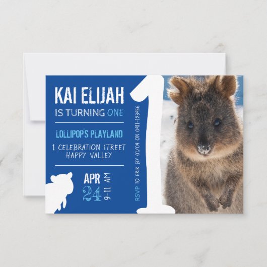Boys First Birthday Blue Quokka Australien Foto Einladung (Vorderseite)