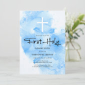 Boys First Holy Communion Sky Blue Watercolor Einladung (Stehend Vorderseite)
