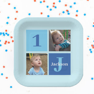 Boys Foto Collage Custom Blue Kindergeburtstag Par Pappteller