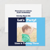 Boys Foto Kindergeburtstag Party Blauer Farbblock Einladung (Vorne/Hinten)