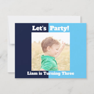 Boys Foto Kindergeburtstag Party Blauer Farbblock Einladung