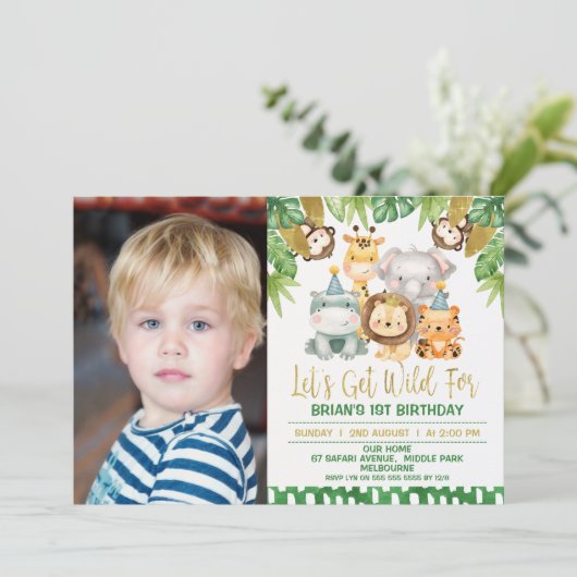 Boys Foto Wild One Safari Einladung zum 1. Geburts (Stehend Vorderseite)