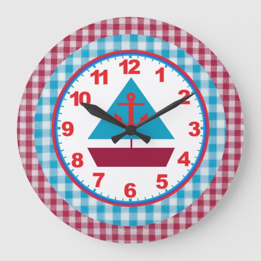 Boys Gingham Sailboat Clock With Numbers Große Wanduhr (Vorderseite)