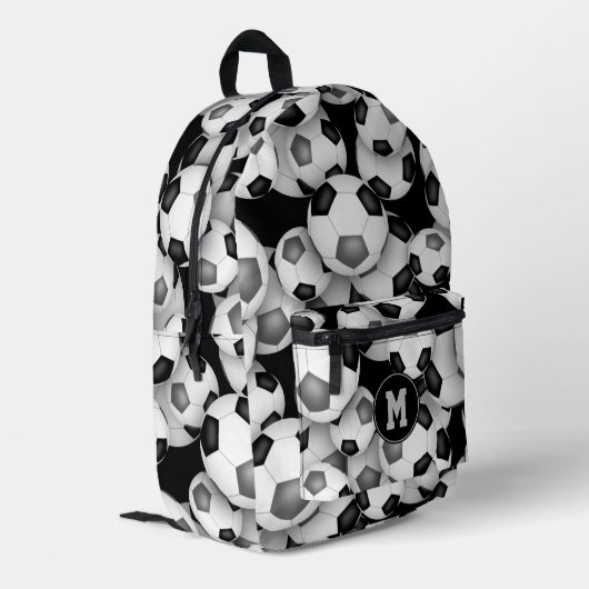 Boys girls black gray soccer balls pattern  bedruckter rucksack (Rückseitige Ecke links)