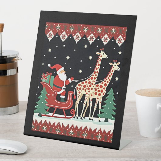 Boys Girls Santa Claus Riding Giraffe Sleigh Ugly Sockelschild (In Situ)