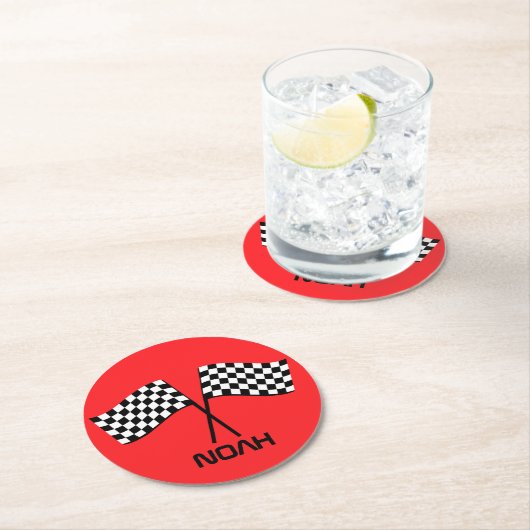 Boy's Go Kart Pit Stopp Birthday Racing Flags Clas Runder Pappuntersetzer (Vor Ort)