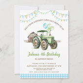 Boys Green Blue Balloons Tractor Birthday Einladung (Vorderseite)