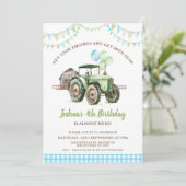 Boys Green Blue Balloons Tractor Birthday Einladung (Stehend Vorderseite)