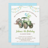 Boys Green Blue Balloons Tractor Birthday Einladung (Vorne/Hinten)