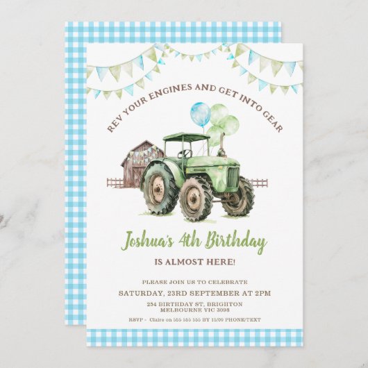 Boys Green Blue Balloons Tractor Birthday Einladung (Vorne/Hinten)