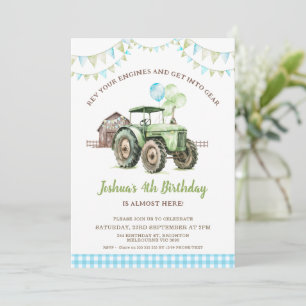 Boys Green Blue Balloons Tractor Birthday Einladung