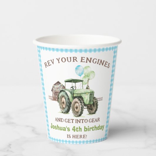 Boys Green Blue Balloons Tractor Birthday Pappbecher (Vorderseite)