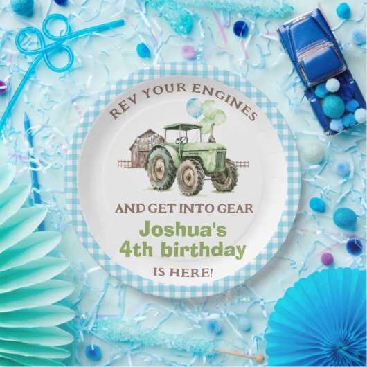 Boys Green Blue Balloons Tractor Birthday Pappteller (Party)