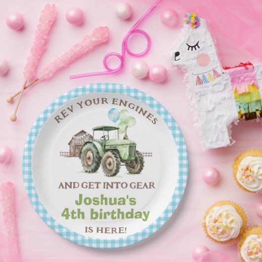 Boys Green Blue Balloons Tractor Birthday Pappteller (Party)