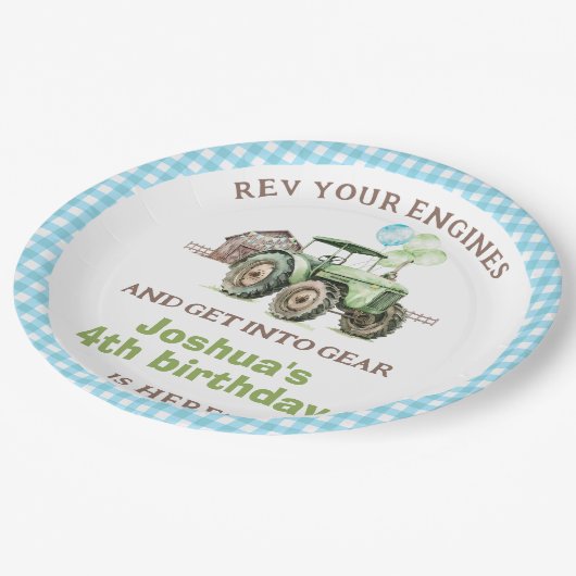 Boys Green Blue Balloons Tractor Birthday Pappteller (Schrägansicht)