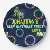 Boys Green Blue Neon Lights Roller Skaten Pappteller (Vorderseite)