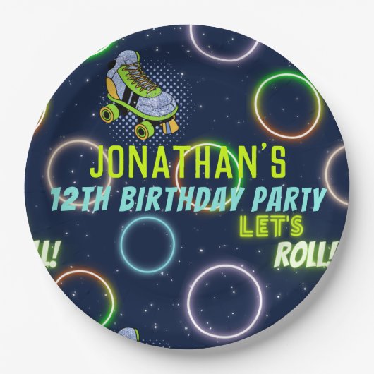 Boys Green Blue Neon Lights Roller Skaten Pappteller (Vorderseite)