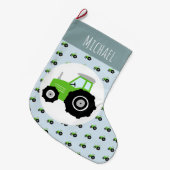 Boy's Green Farm Traktor Muster und Name Kinder Großer Weihnachtsstrumpf (Vorderansicht (hängend))