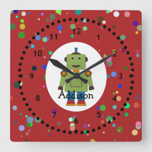 Boy's Green Robot Wall Clock Quadratische Wanduhr