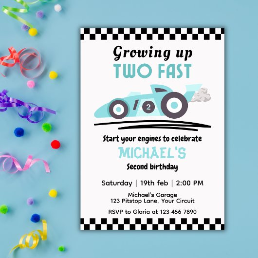 Boys Growing Up Two Fast Race Car 2nd Birthday Einladung