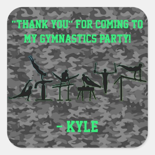 Boys Gymnastics Party "Danke" Camouflage Quadratischer Aufkleber (Vorderseite)