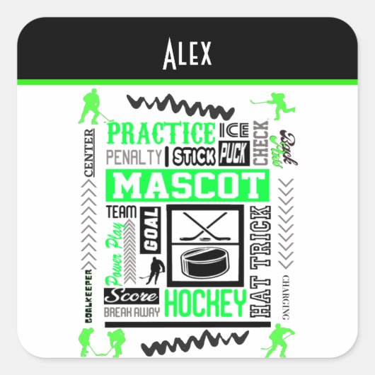 Boys Hockey Terminologie Personalisiert Neon Green Quadratischer Aufkleber (Vorderseite)