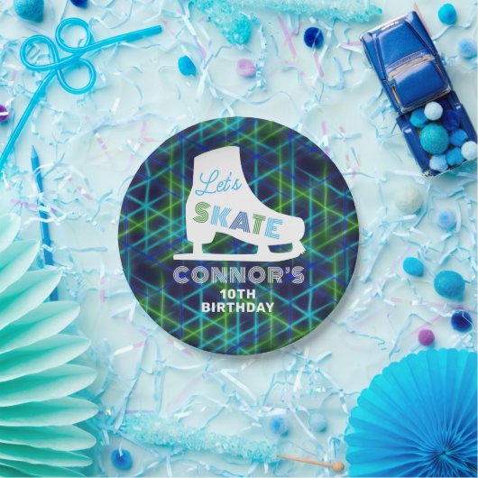 Boys Ice Skaten Birthday Party Neon Pappteller (Party)