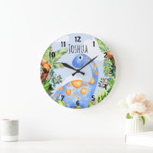 Boys Jungle Watercolor Dinosaurier Name Kinder Kin Große Wanduhr (Zuhause)