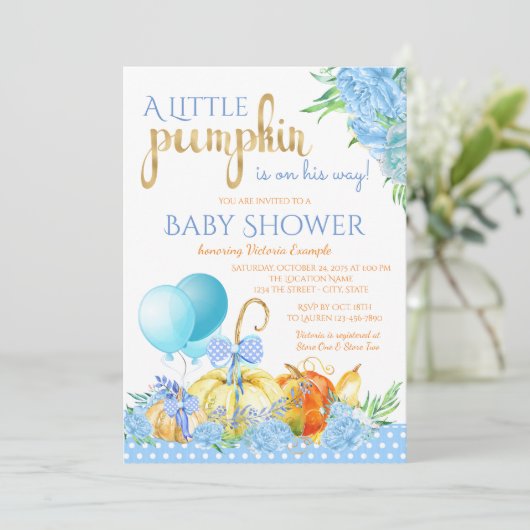 Boys Little Pumpkin Fall Baby Shower Einladungen (Stehend Vorderseite)