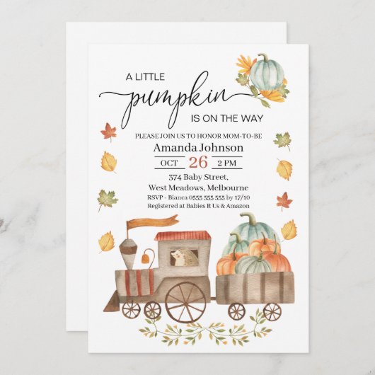 Boys Little Pumpkin Train Baby Dusche Einladung (Vorne/Hinten)
