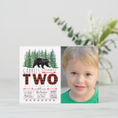 Boys Lumberjack Bear Foto 2. Geburtstag Einladung (Stehend Vorderseite)