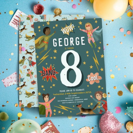 Boys Modern Action Superhero Kindergeburtstag Einladung