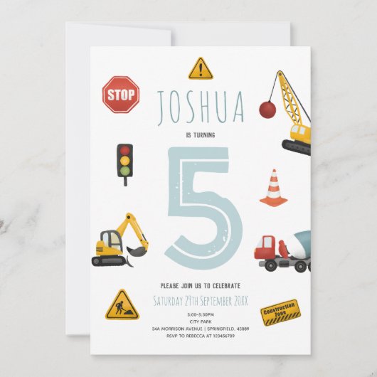 Boys Modern Blue Construction Kindergeburtstag Einladung (Vorderseite)