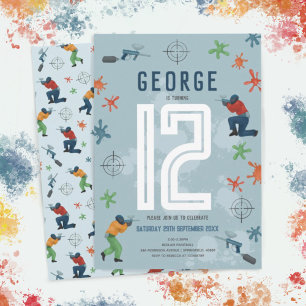 Boys Modern Blue Paintball Party Kindergeburtstag Einladung