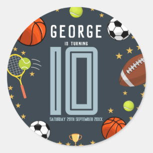 Boys Modern Blue Sports Kindergeburtstag Runder Aufkleber