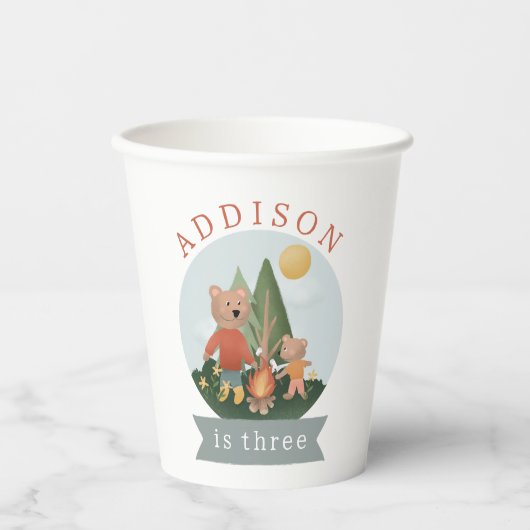Boys Modern Woodland Forest Camping Bears Birthday Pappbecher (Vorderseite)