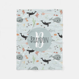 Boys Modernes Ocean Whale Muster Monogram Kids Fleecedecke