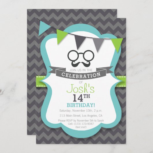 Boy's Mustache Geburtstagsparty Einladung (Vorne/Hinten)