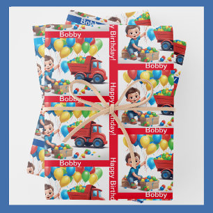 Boy's NAME Birthday Dump Truck Balloons Geschenkpapier Set