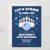 Boy's Navy Blue Bowling Birthday Party Einladung (Vorderseite)