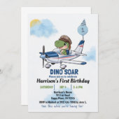 Boys Niedlich Blue Airplane Dinosaur Kinder 1. Geb Einladung (Vorne/Hinten)