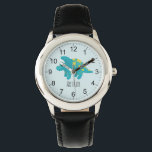 Boys Niedlich Blue Dinosaurier Cartoon & Name Kind Armbanduhr<br><div class="desc">Diese niedliche und moderne blaue Kinderuhr ist mit einem blauen und gelben Stegosaurus-Dinosaurier-Cartoon ausgestattet und kann mit Ihrem Jungennamen personalisiert werden. Mit klaren,  leicht lesbaren Zahlen ist diese "erste" Uhr ideal für Kinder oder Kleinkinder,  die gerade erst mit dem Lernen beginnen. Das perfekte Dinosaurier-Design für Ihre Kleinen!</div>